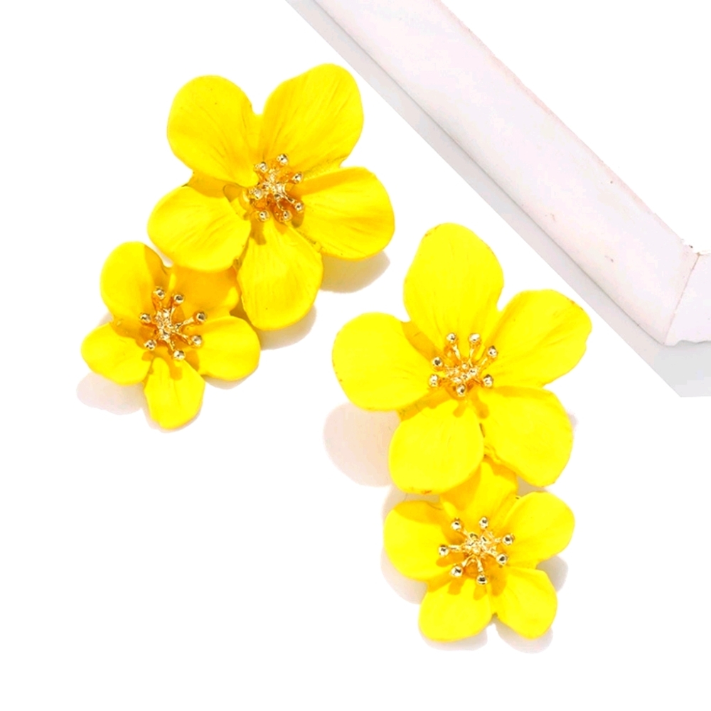 Yellow Double Flower Drop Earrings
